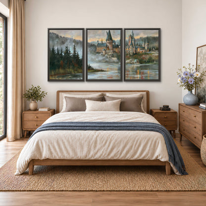 A storybook castle on a wooded riverbank beneath a cool misty sky 3 piece framed canvas wall art styled in an interior