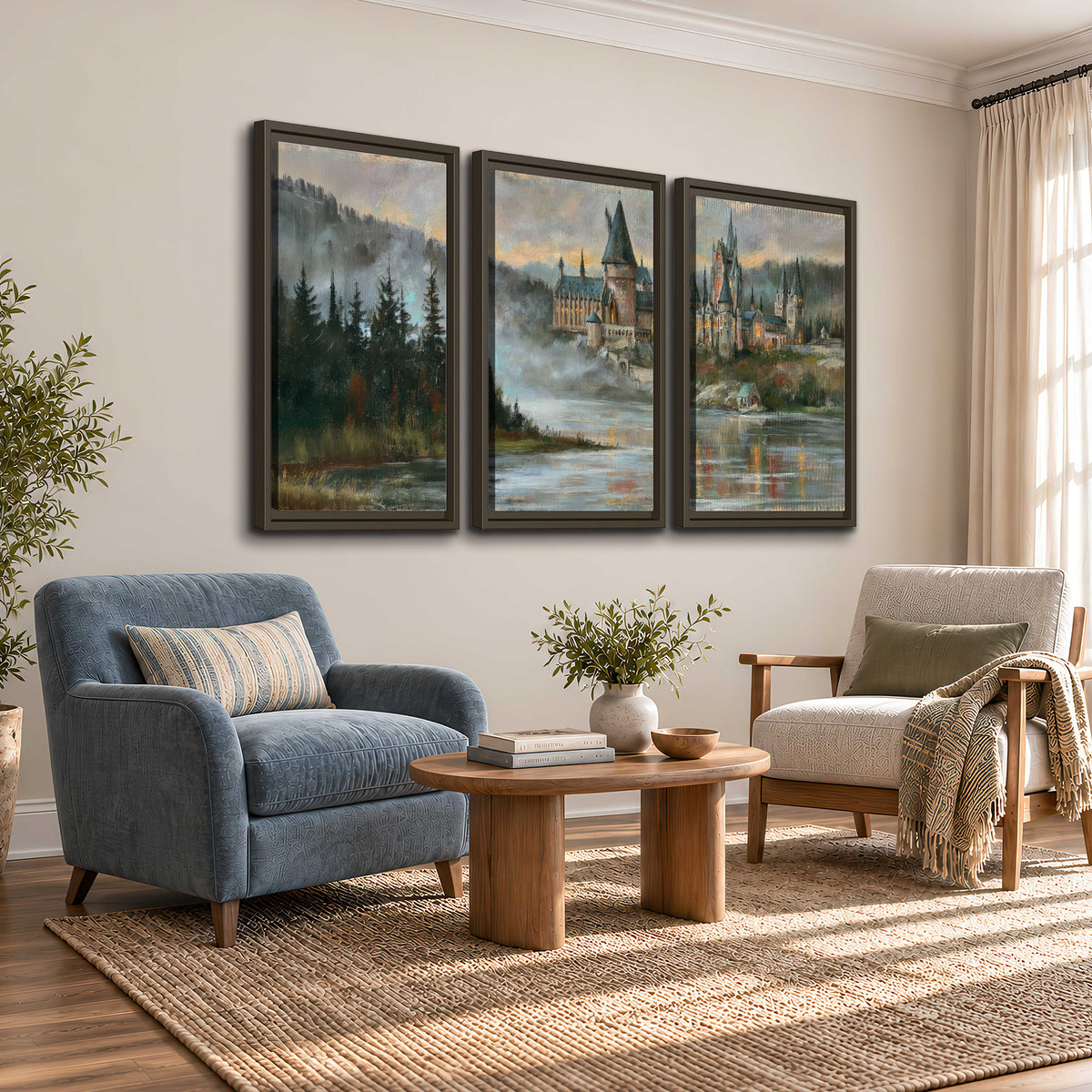 A storybook castle on a wooded riverbank beneath a cool misty sky 3 piece framed canvas wall art styled in an interior