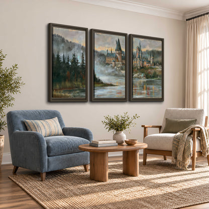 A storybook castle on a wooded riverbank beneath a cool misty sky 3 piece framed canvas wall art styled in an interior