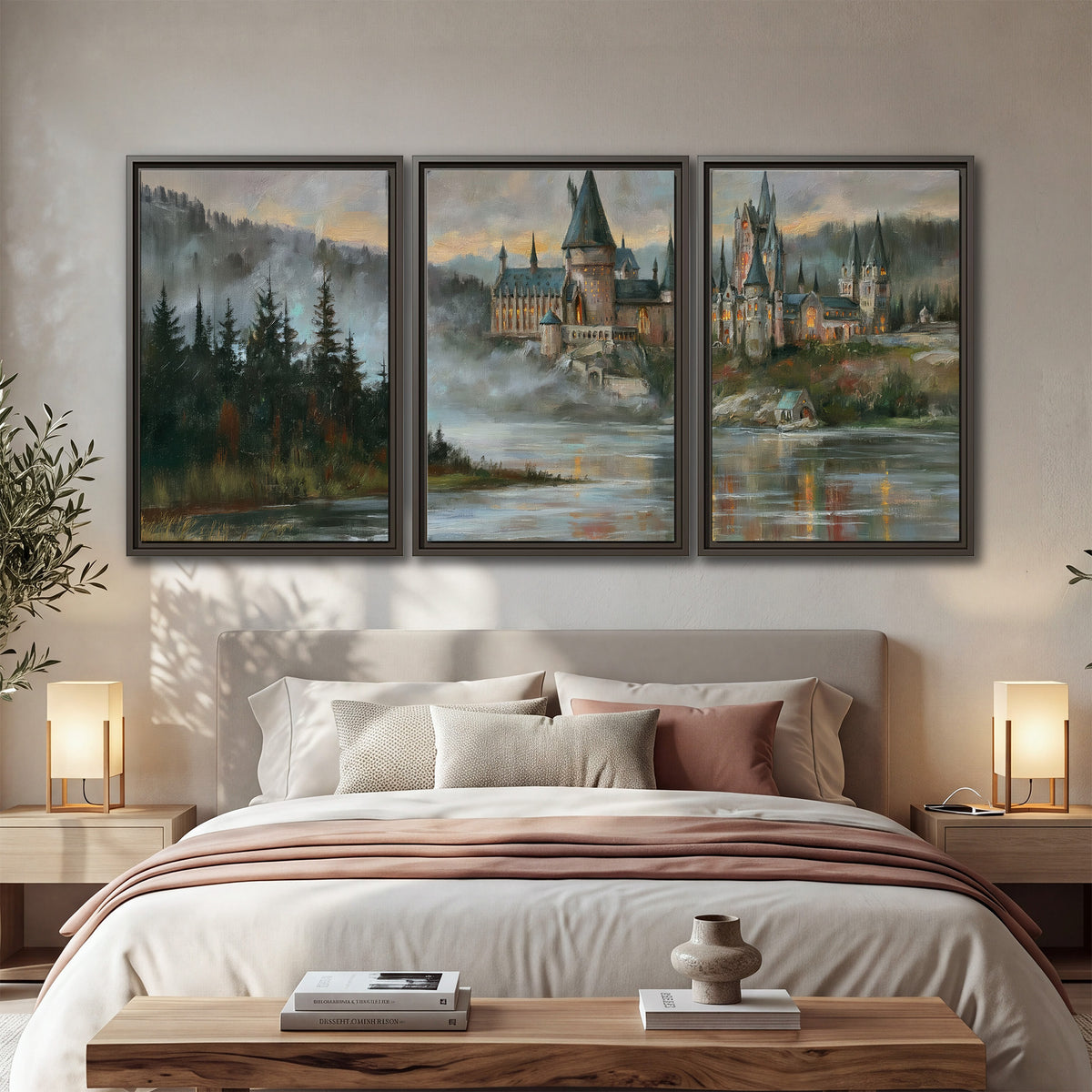 A storybook castle on a wooded riverbank beneath a cool misty sky 3 piece framed canvas wall art displayed in a bedroom