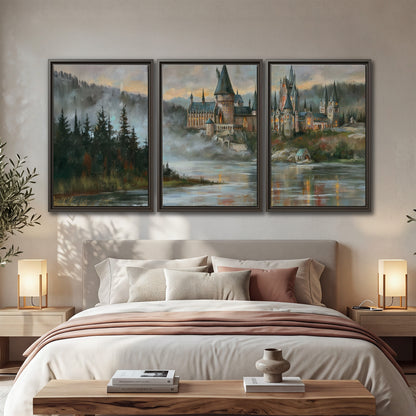 A storybook castle on a wooded riverbank beneath a cool misty sky 3 piece framed canvas wall art displayed in a bedroom