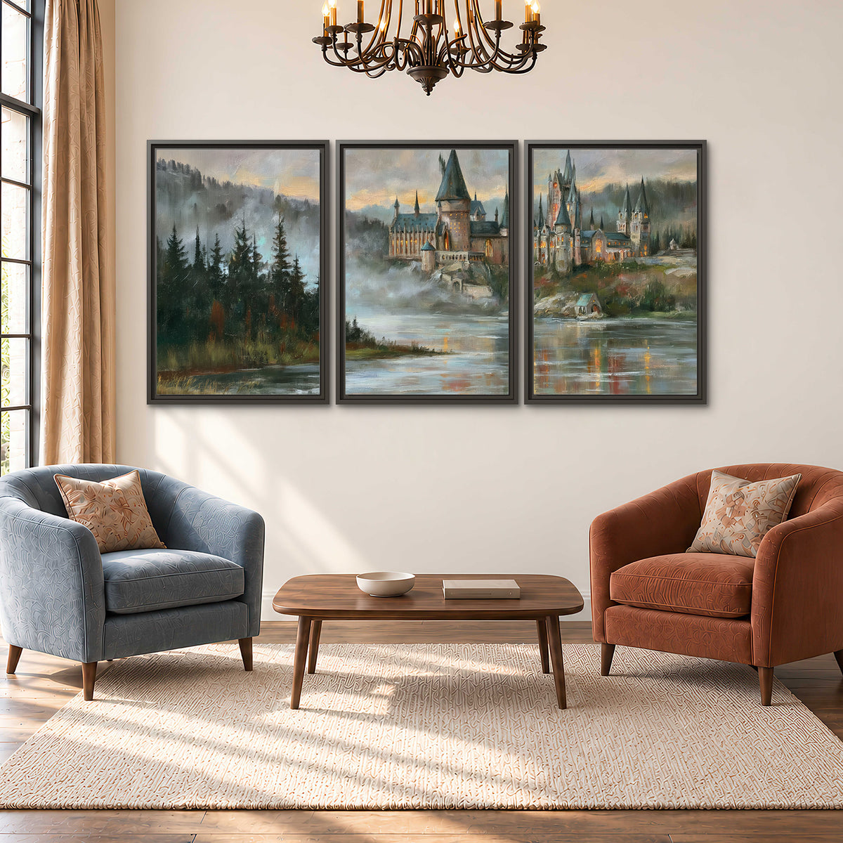 A storybook castle on a wooded riverbank beneath a cool misty sky 3 piece framed canvas wall art styled in an interior