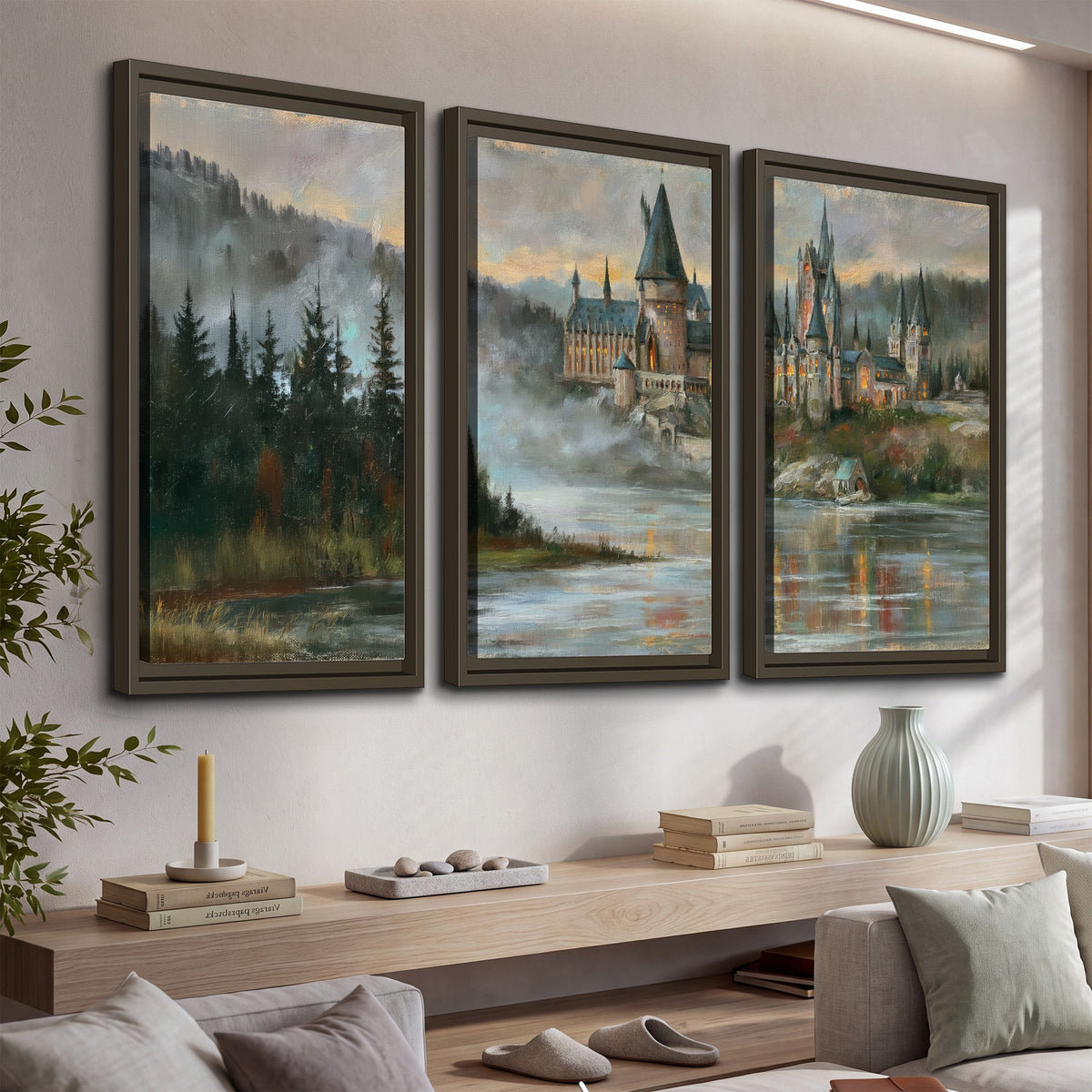 A storybook castle on a wooded riverbank beneath a cool misty sky 3 piece framed canvas wall art displayed in a console