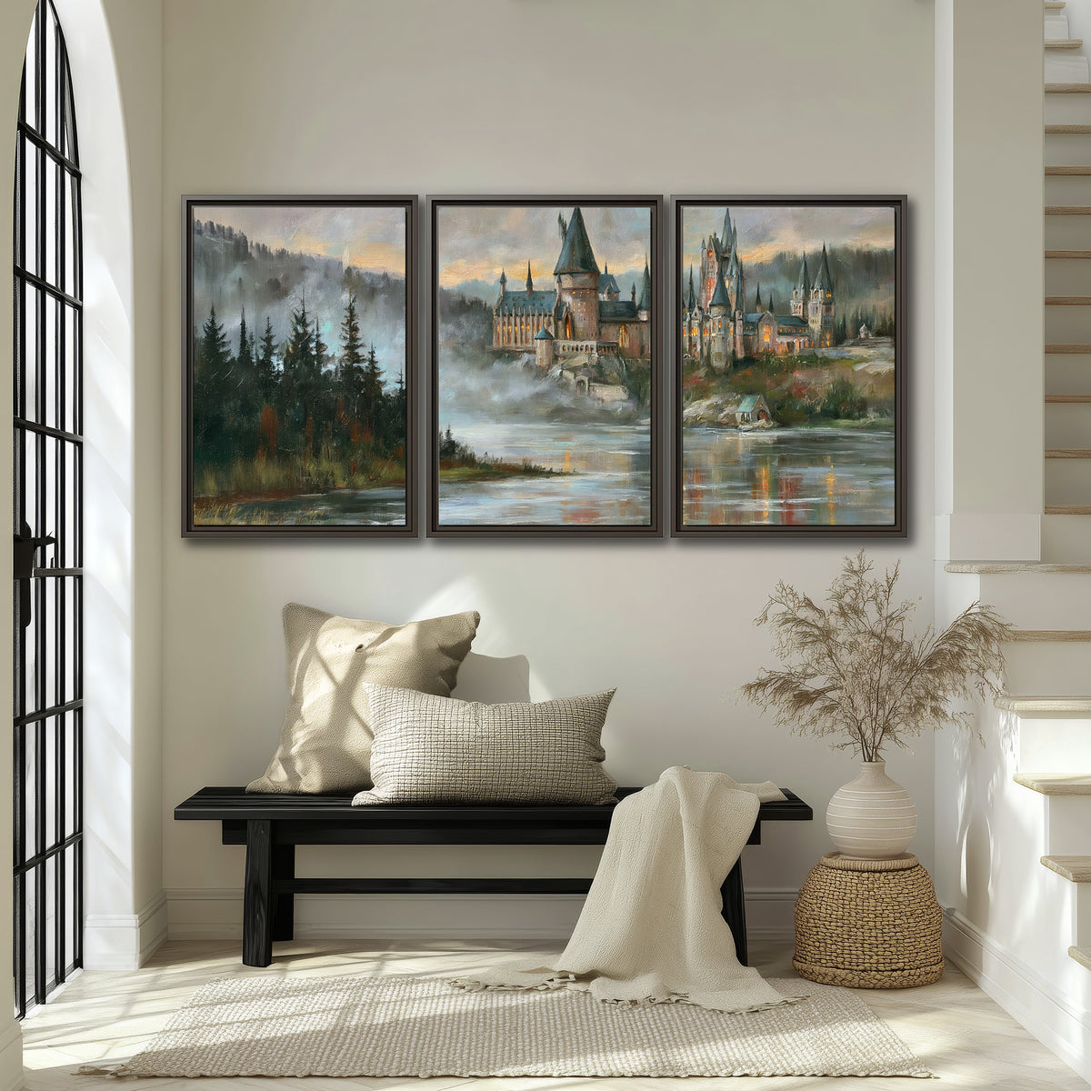 A storybook castle on a wooded riverbank beneath a cool misty sky 3 piece framed canvas wall art displayed in a entryway