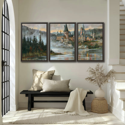 A storybook castle on a wooded riverbank beneath a cool misty sky 3 piece framed canvas wall art displayed in a entryway
