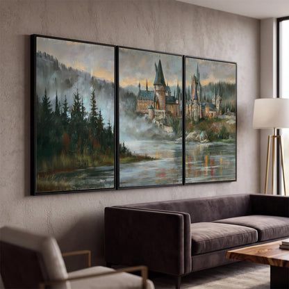 A storybook castle on a wooded riverbank beneath a cool misty sky 3 piece framed canvas wall art displayed in a modern living room