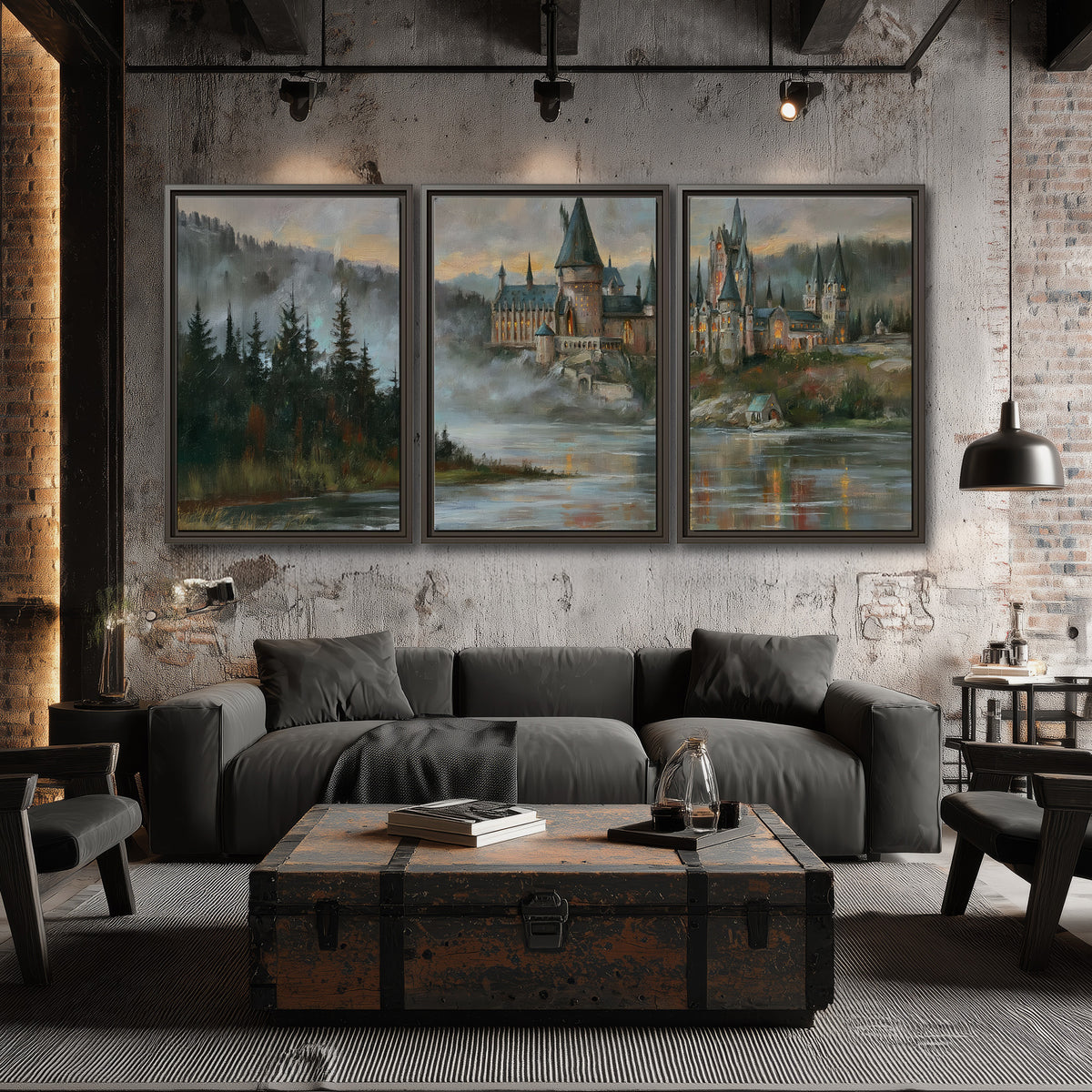 A storybook castle on a wooded riverbank beneath a cool misty sky 3 piece framed canvas wall art displayed in a industrial room