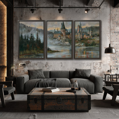 A storybook castle on a wooded riverbank beneath a cool misty sky 3 piece framed canvas wall art displayed in a industrial room