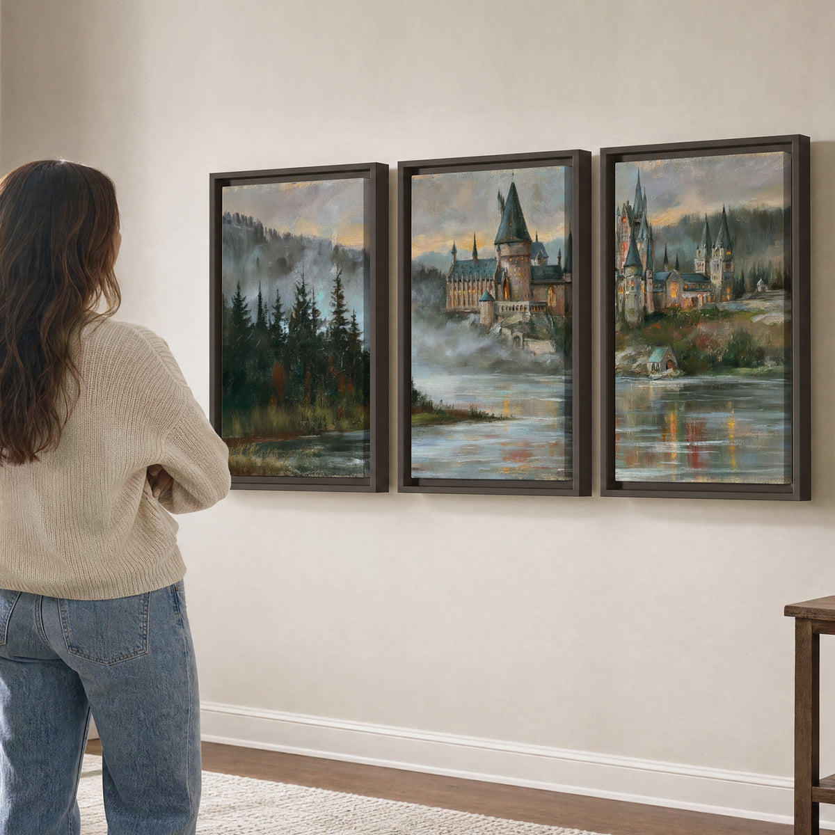 A storybook castle on a wooded riverbank beneath a cool misty sky 3 piece framed canvas wall art three panel arrangement on a wall