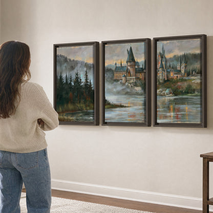 A storybook castle on a wooded riverbank beneath a cool misty sky 3 piece framed canvas wall art three panel arrangement on a wall