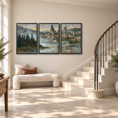 A storybook castle on a wooded riverbank beneath a cool misty sky 3 piece framed canvas wall art styled in an interior