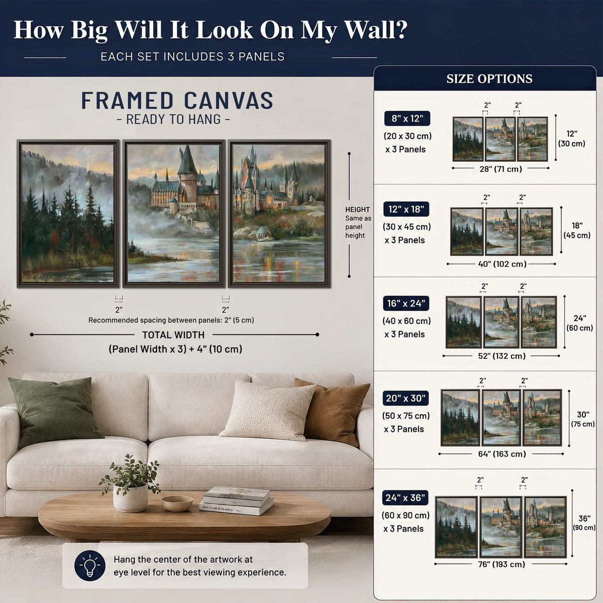 A storybook castle on a wooded riverbank beneath a cool misty sky 3 piece framed canvas wall art size guide above a sofa; room view is illustrative