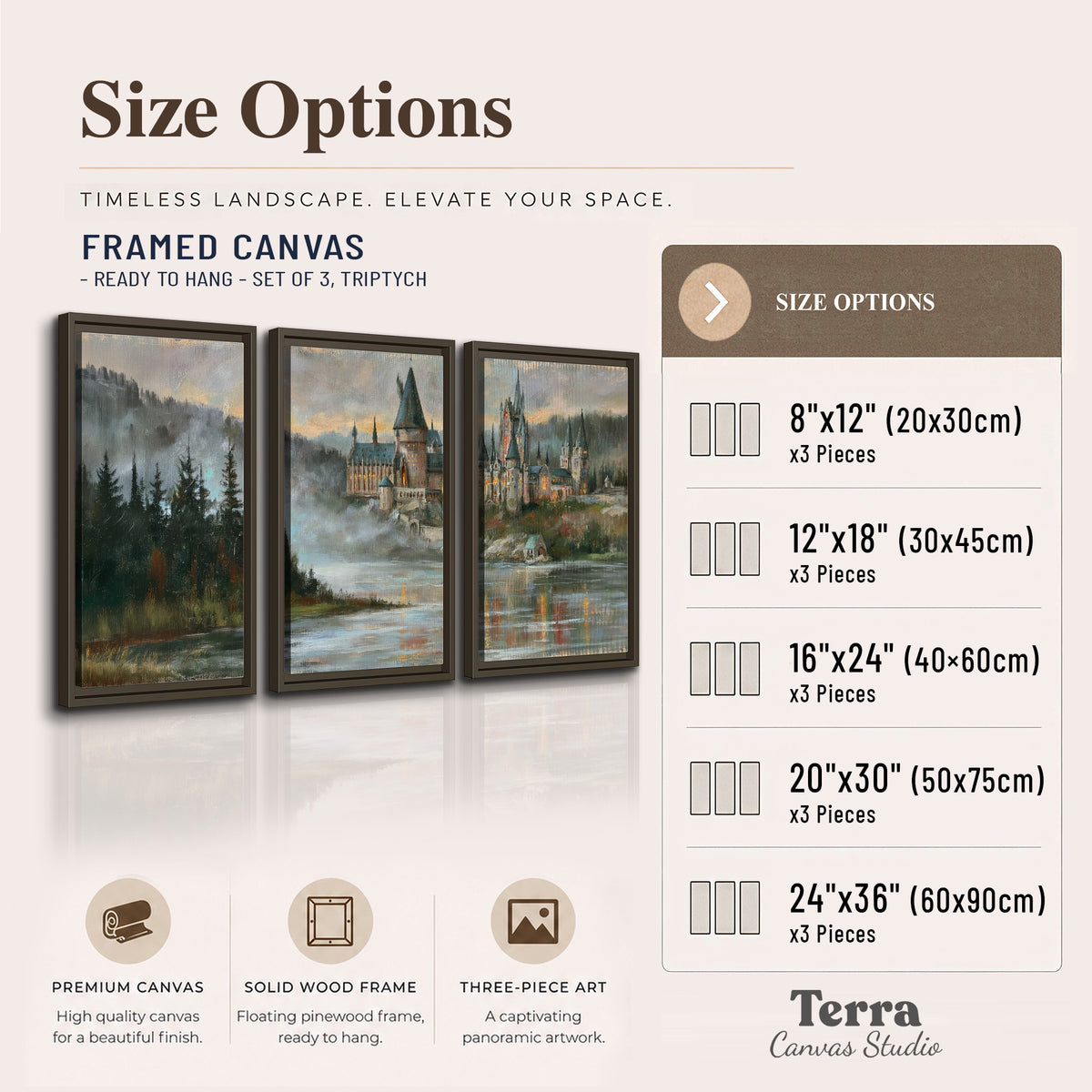 A storybook castle on a wooded riverbank beneath a cool misty sky 3 piece framed canvas wall art available dimensions; triptych dimensions are per panel