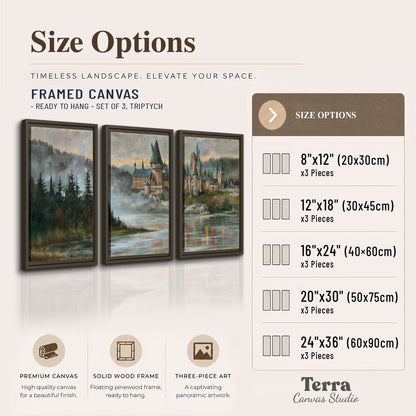 A storybook castle on a wooded riverbank beneath a cool misty sky 3 piece framed canvas wall art available dimensions; triptych dimensions are per panel