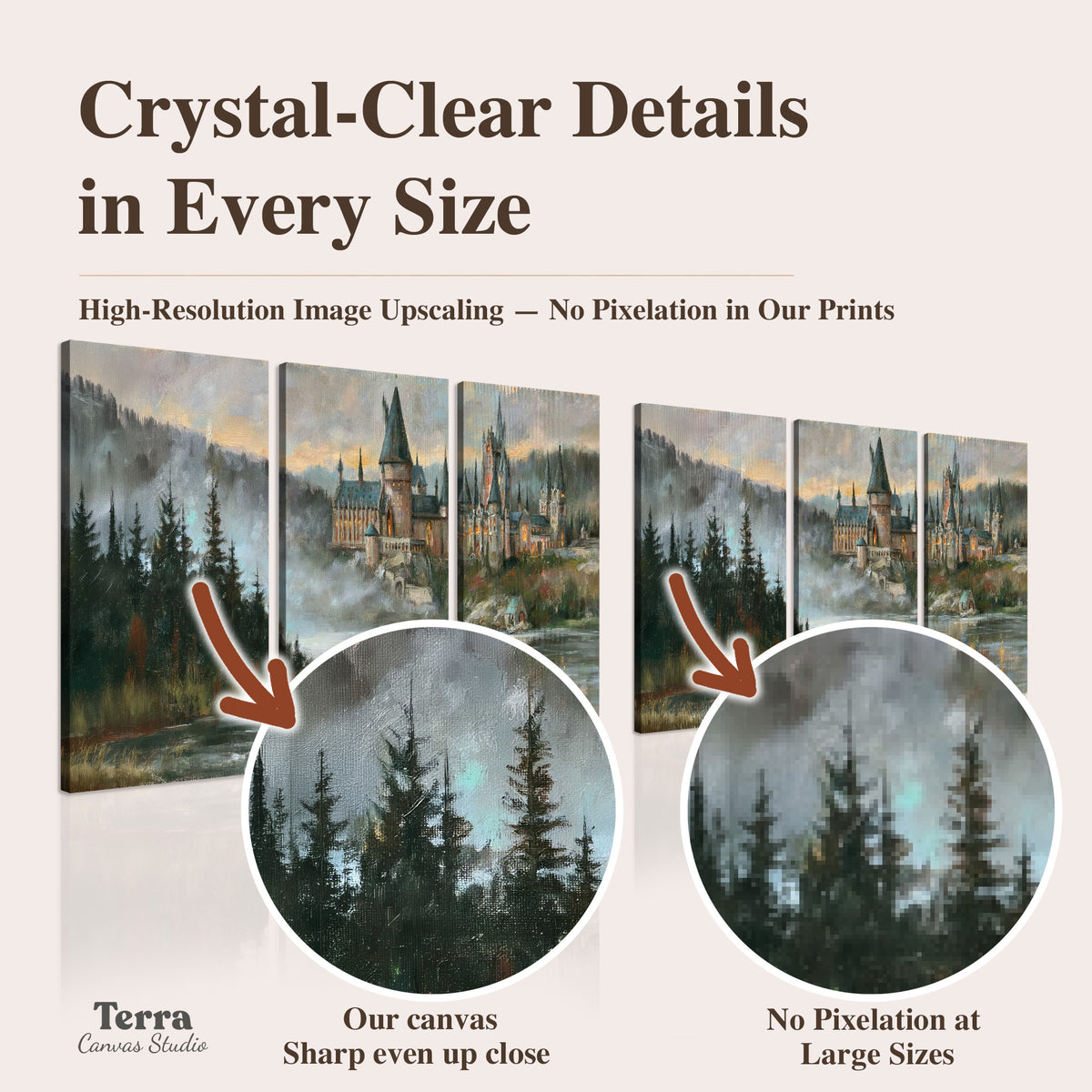 A storybook castle on a wooded riverbank beneath a cool misty sky artwork quality information