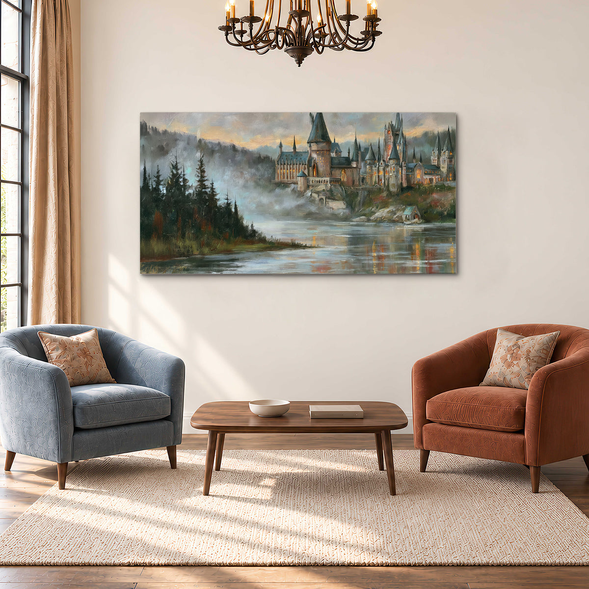 A storybook castle on a wooded riverbank beneath a cool misty sky single canvas wall art styled in an interior