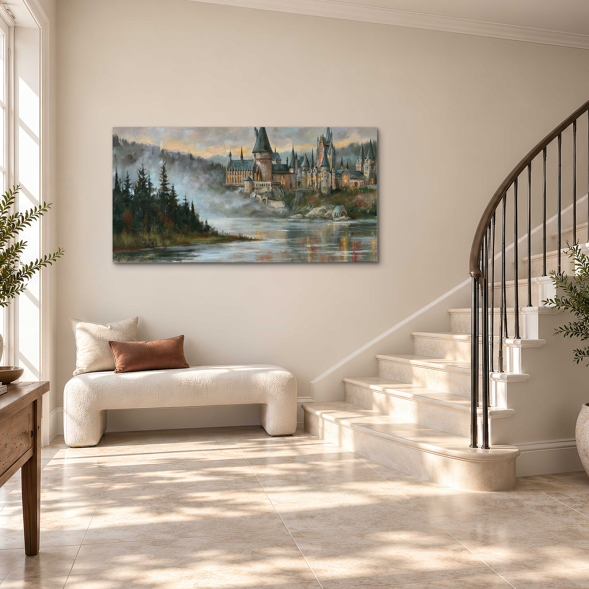 A storybook castle on a wooded riverbank beneath a cool misty sky single canvas wall art styled in an interior