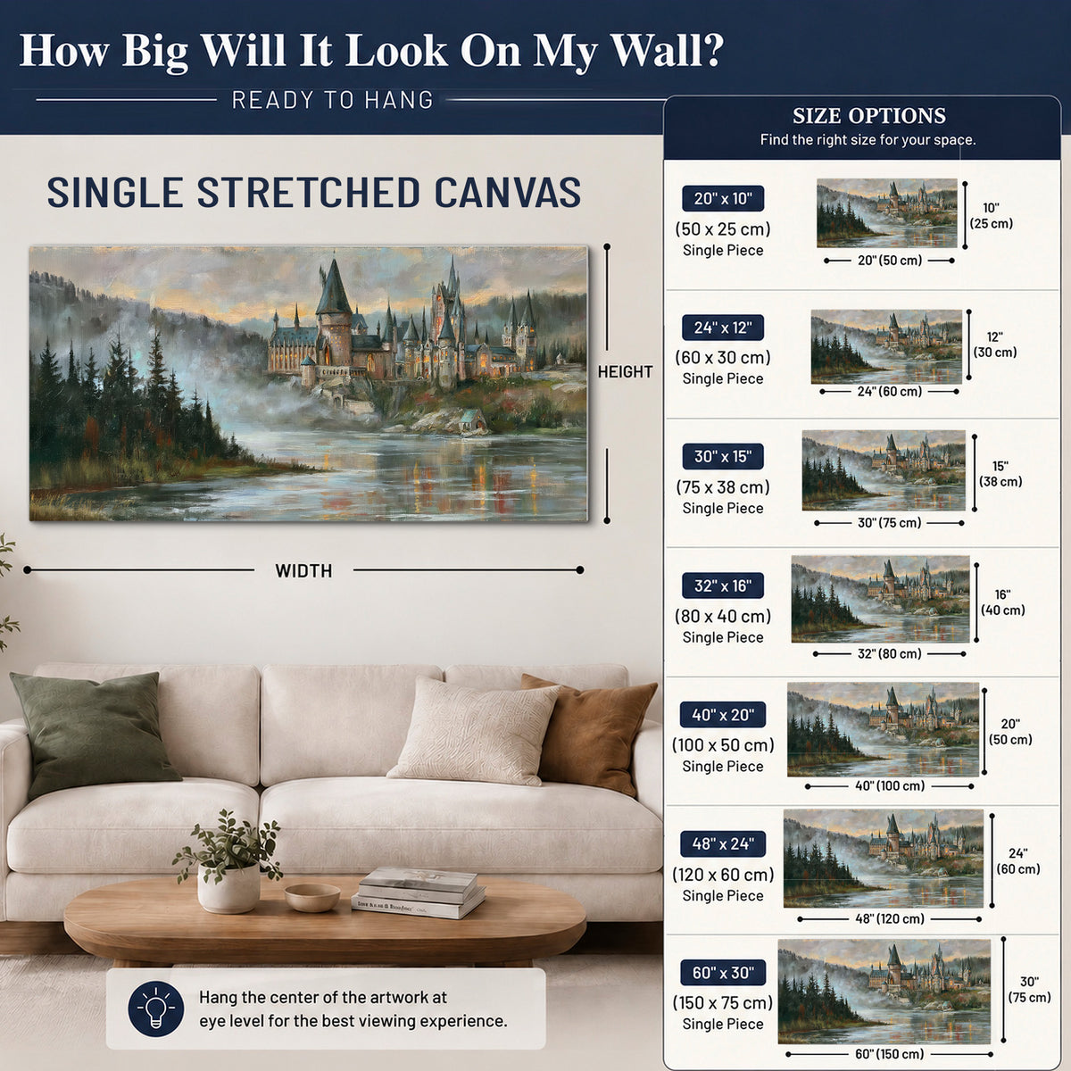 A storybook castle on a wooded riverbank beneath a cool misty sky single canvas wall art size guide above a sofa; room view is illustrative