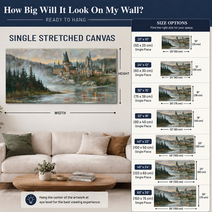 A storybook castle on a wooded riverbank beneath a cool misty sky single canvas wall art size guide above a sofa; room view is illustrative