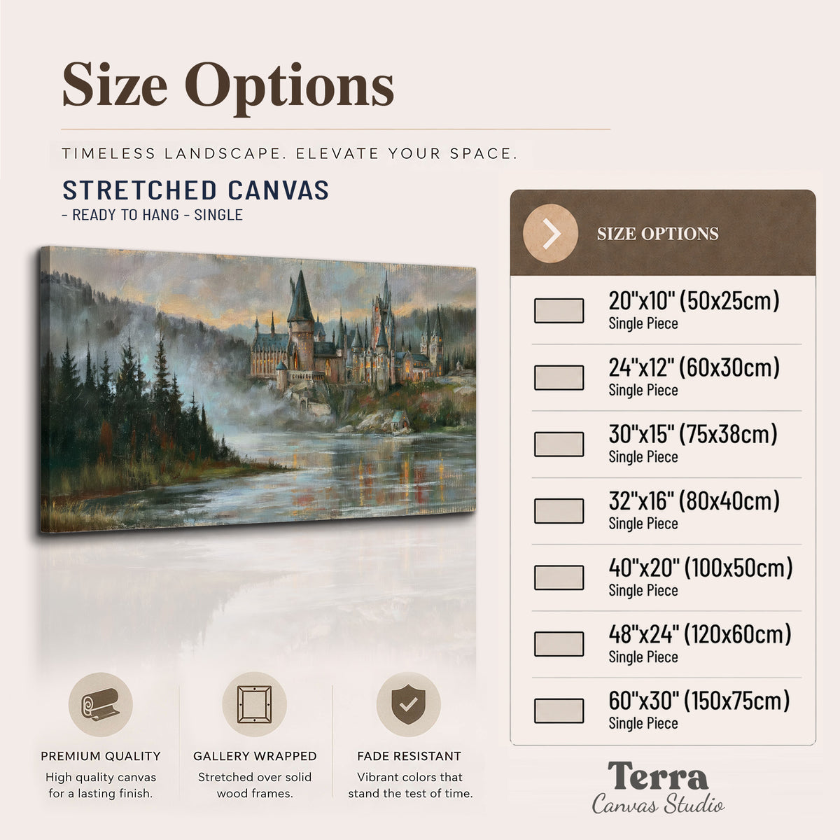 A storybook castle on a wooded riverbank beneath a cool misty sky single canvas wall art available dimensions