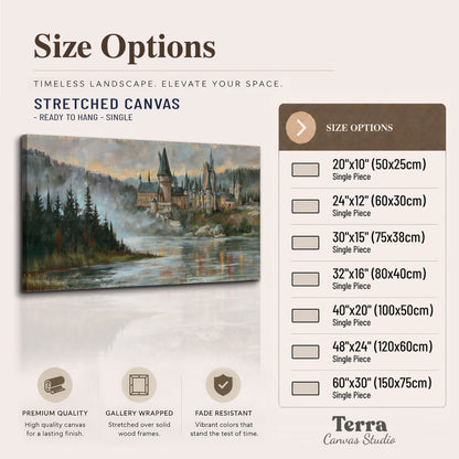 A storybook castle on a wooded riverbank beneath a cool misty sky single canvas wall art available dimensions