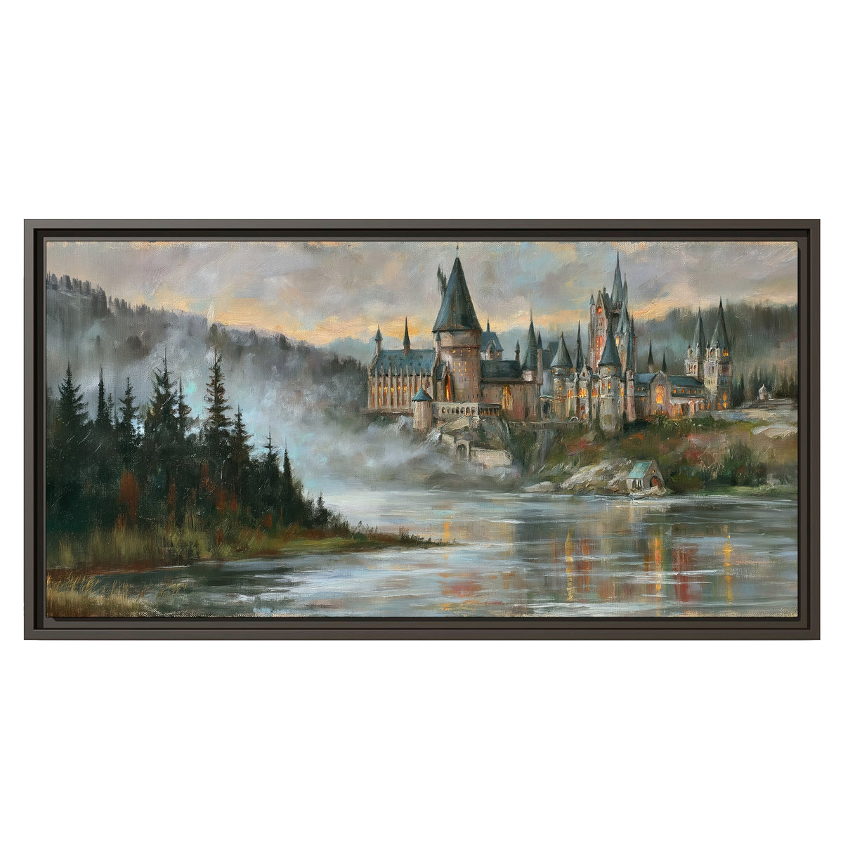 A storybook castle on a wooded riverbank beneath a cool misty sky single framed canvas wall art viewed straight on
