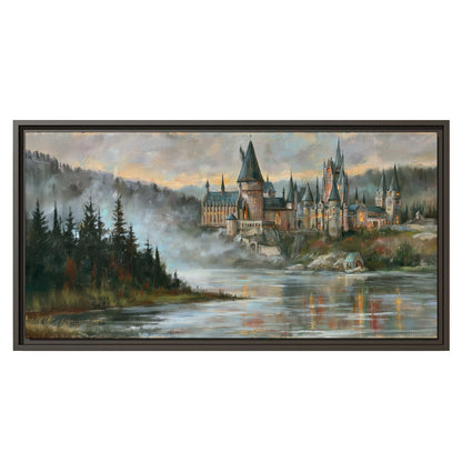 A storybook castle on a wooded riverbank beneath a cool misty sky single framed canvas wall art viewed straight on