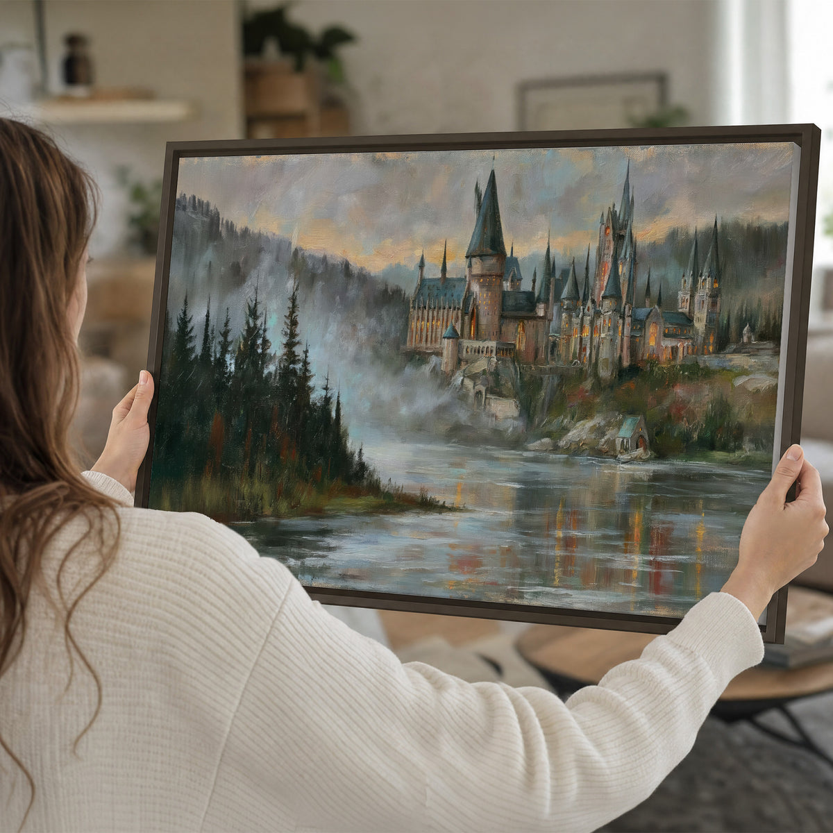 A storybook castle on a wooded riverbank beneath a cool misty sky single framed canvas wall art held in hands