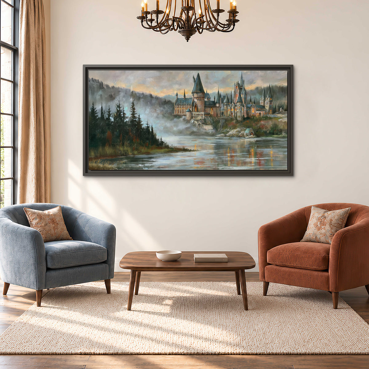 A storybook castle on a wooded riverbank beneath a cool misty sky single framed canvas wall art styled in an interior