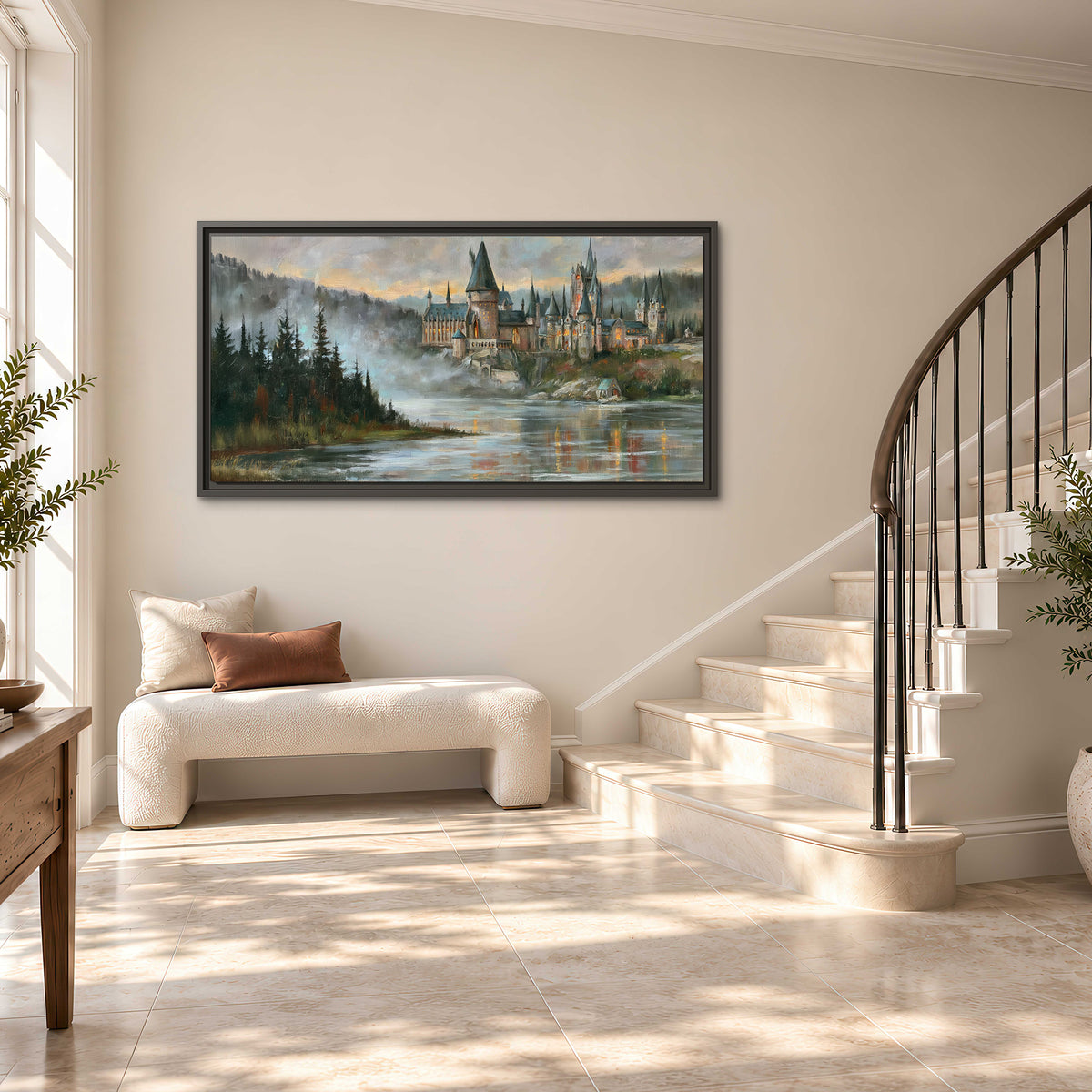 A storybook castle on a wooded riverbank beneath a cool misty sky single framed canvas wall art styled in an interior