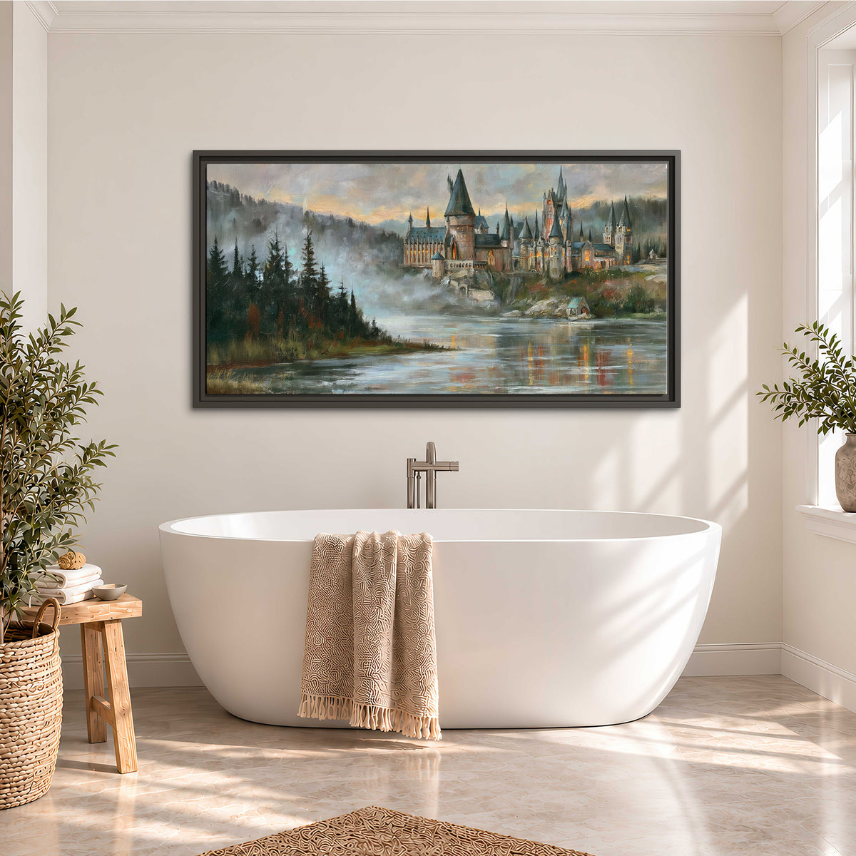 A storybook castle on a wooded riverbank beneath a cool misty sky single framed canvas wall art styled in an interior