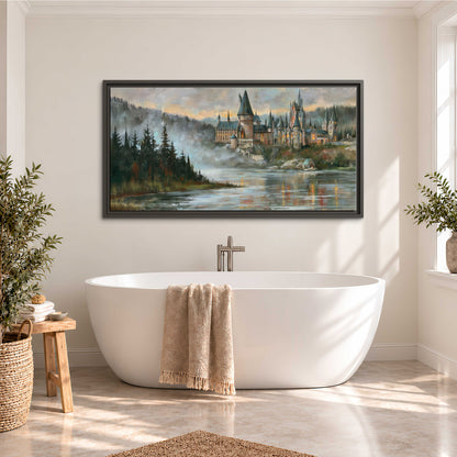 A storybook castle on a wooded riverbank beneath a cool misty sky single framed canvas wall art styled in an interior