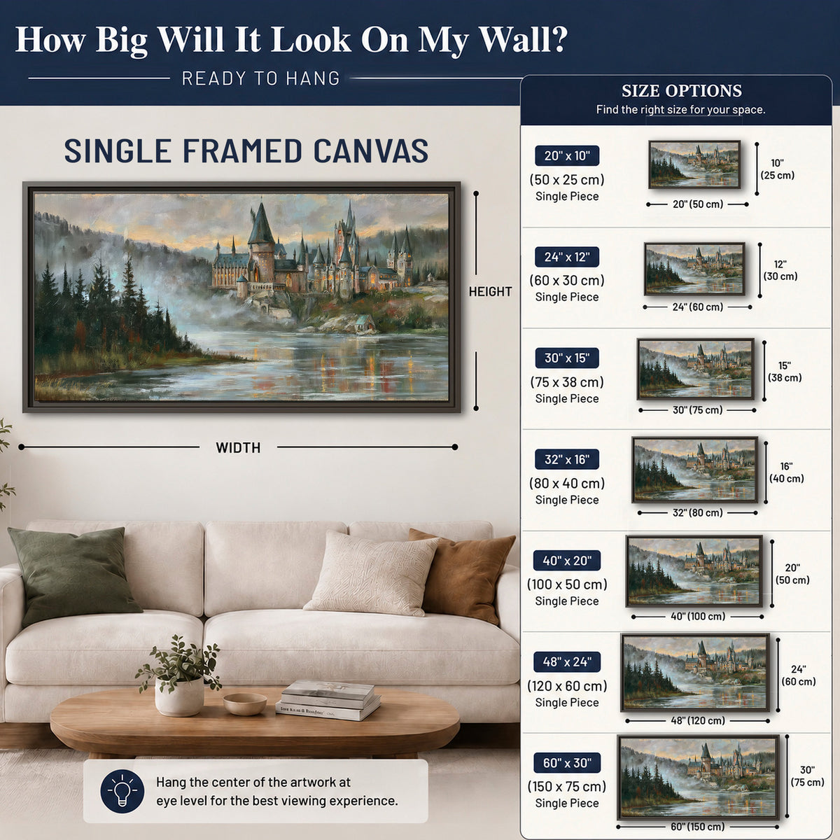 A storybook castle on a wooded riverbank beneath a cool misty sky single framed canvas wall art size guide above a sofa; room view is illustrative