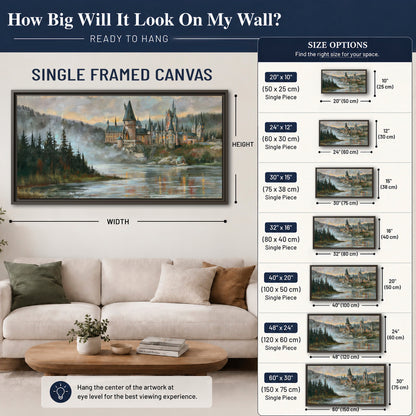 A storybook castle on a wooded riverbank beneath a cool misty sky single framed canvas wall art size guide above a sofa; room view is illustrative