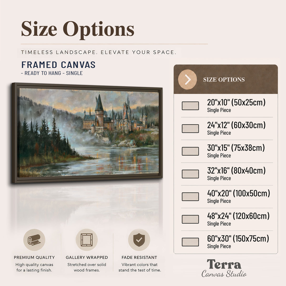 A storybook castle on a wooded riverbank beneath a cool misty sky single framed canvas wall art available dimensions