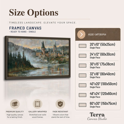 A storybook castle on a wooded riverbank beneath a cool misty sky single framed canvas wall art available dimensions
