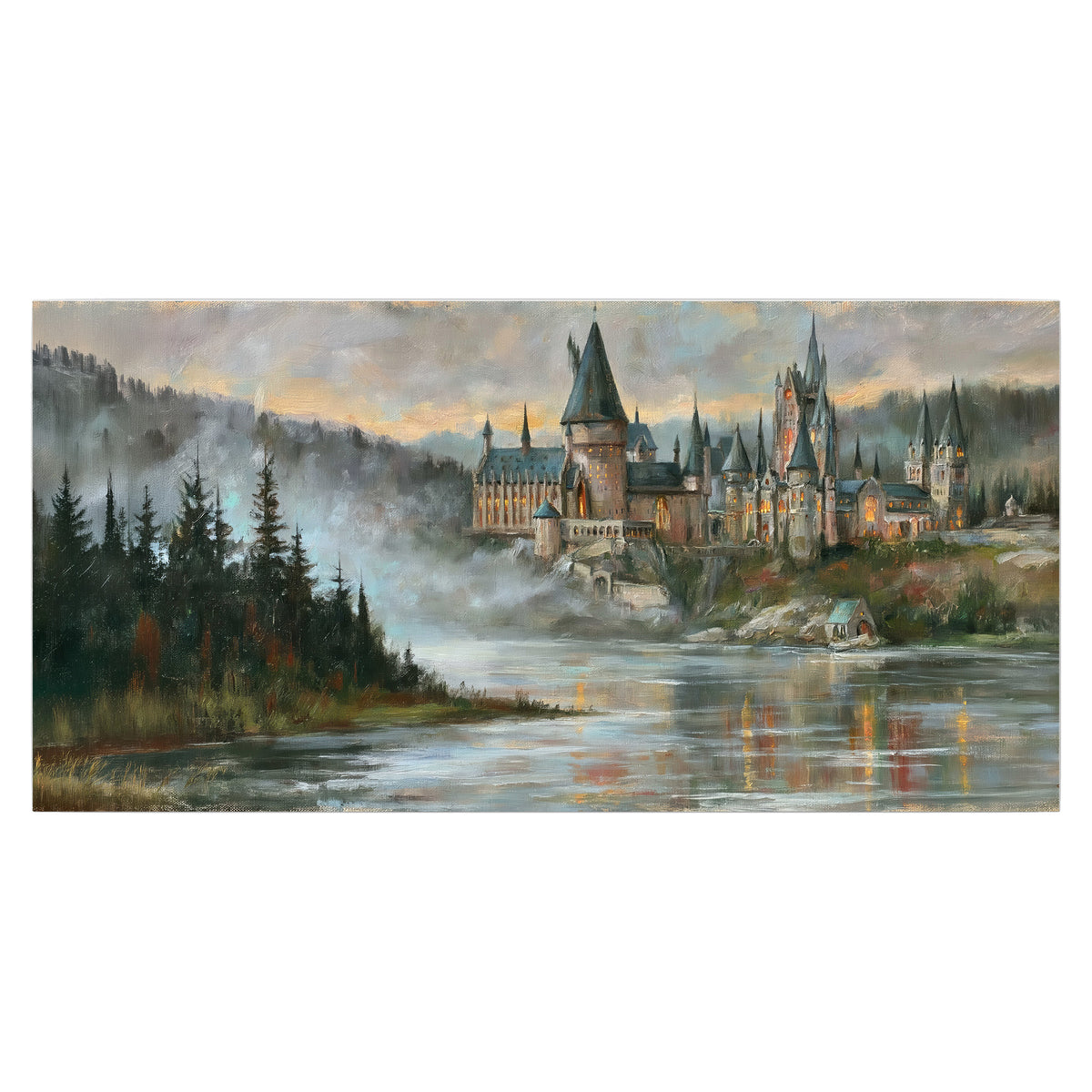A storybook castle on a wooded riverbank beneath a cool misty sky single poster print viewed straight on