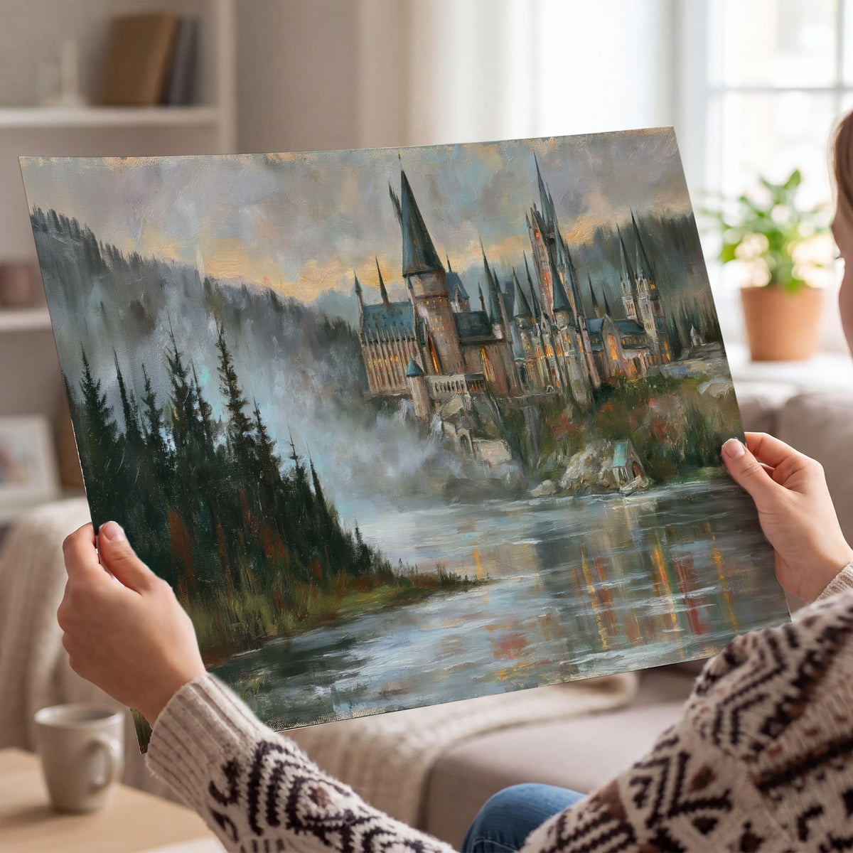 A storybook castle on a wooded riverbank beneath a cool misty sky single poster print held in hands