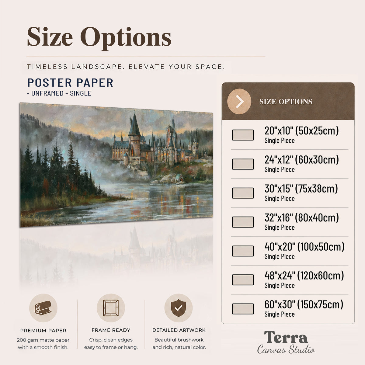 A storybook castle on a wooded riverbank beneath a cool misty sky single poster print available dimensions