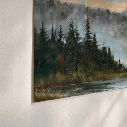 A storybook castle on a wooded riverbank beneath a cool misty sky set of 3 poster prints material and edge close up