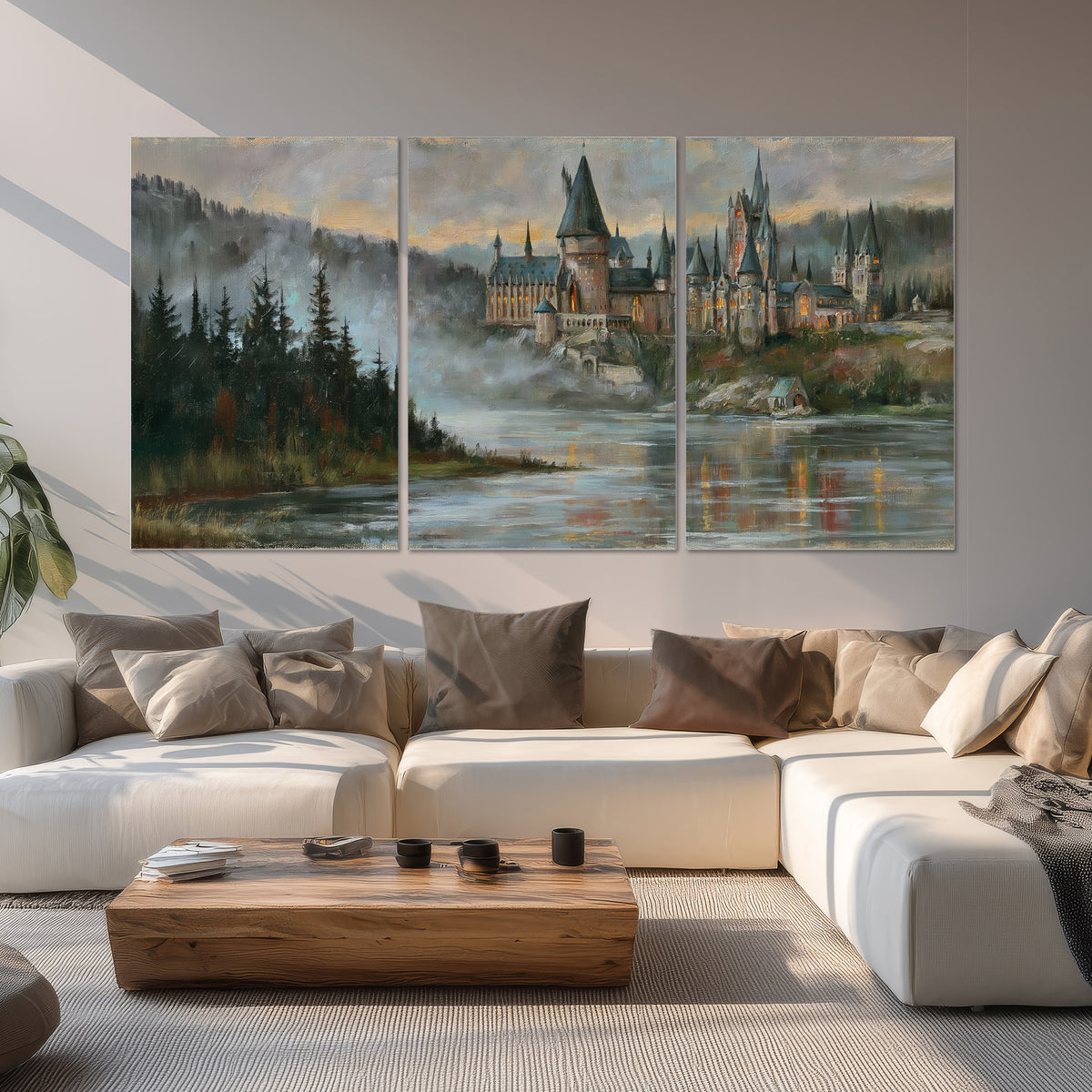 A storybook castle on a wooded riverbank beneath a cool misty sky set of 3 poster prints displayed in a living room