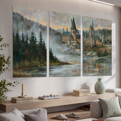 A storybook castle on a wooded riverbank beneath a cool misty sky set of 3 poster prints displayed in a console