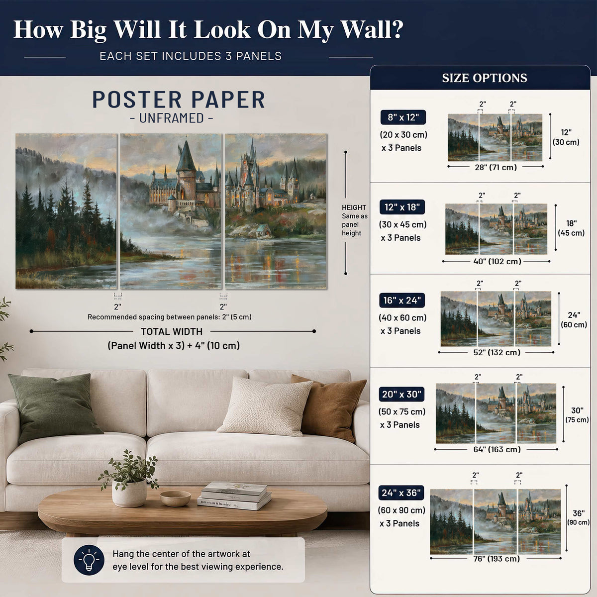 A storybook castle on a wooded riverbank beneath a cool misty sky set of 3 poster prints size guide above a sofa; room view is illustrative