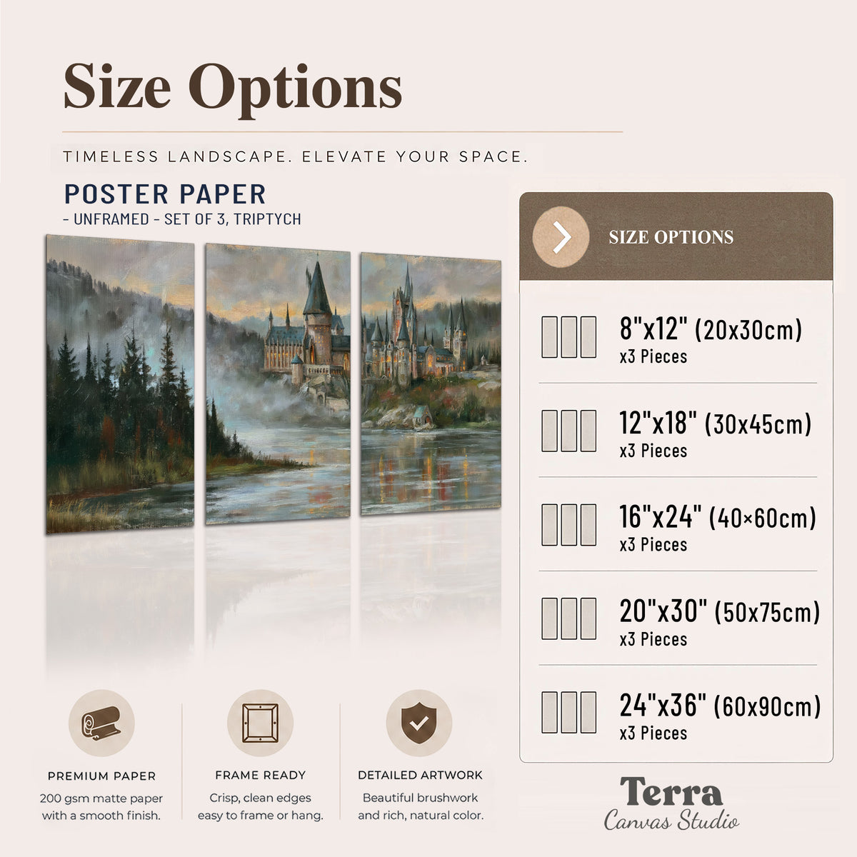 A storybook castle on a wooded riverbank beneath a cool misty sky set of 3 poster prints available dimensions; triptych dimensions are per panel