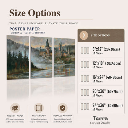 A storybook castle on a wooded riverbank beneath a cool misty sky set of 3 poster prints available dimensions; triptych dimensions are per panel