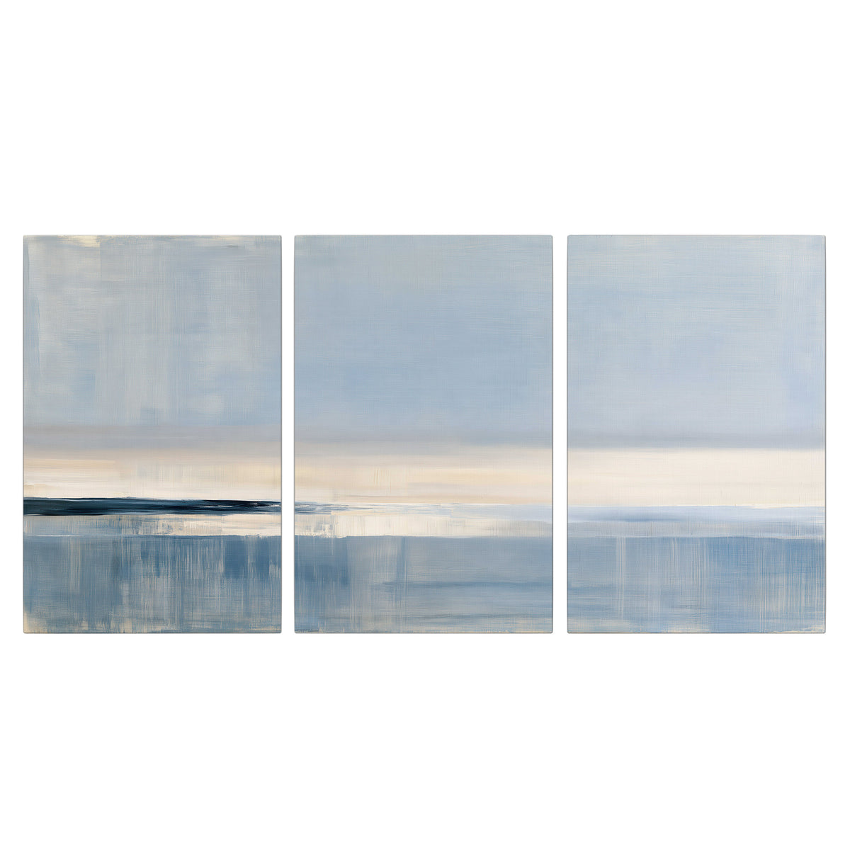A minimal blue seascape with a pale horizon and soft vertical reflections 3 piece canvas wall art viewed straight on