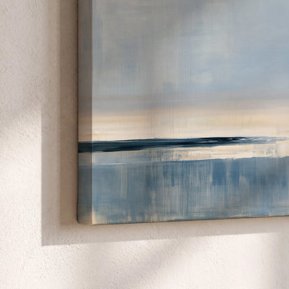 A minimal blue seascape with a pale horizon and soft vertical reflections 3 piece canvas wall art material and edge close up
