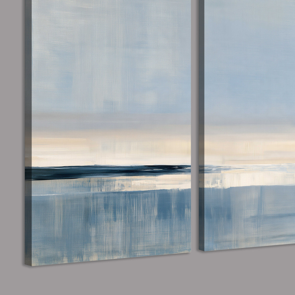 A minimal blue seascape with a pale horizon and soft vertical reflections 3 piece canvas wall art room and product view