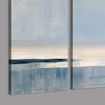 A minimal blue seascape with a pale horizon and soft vertical reflections 3 piece canvas wall art room and product view