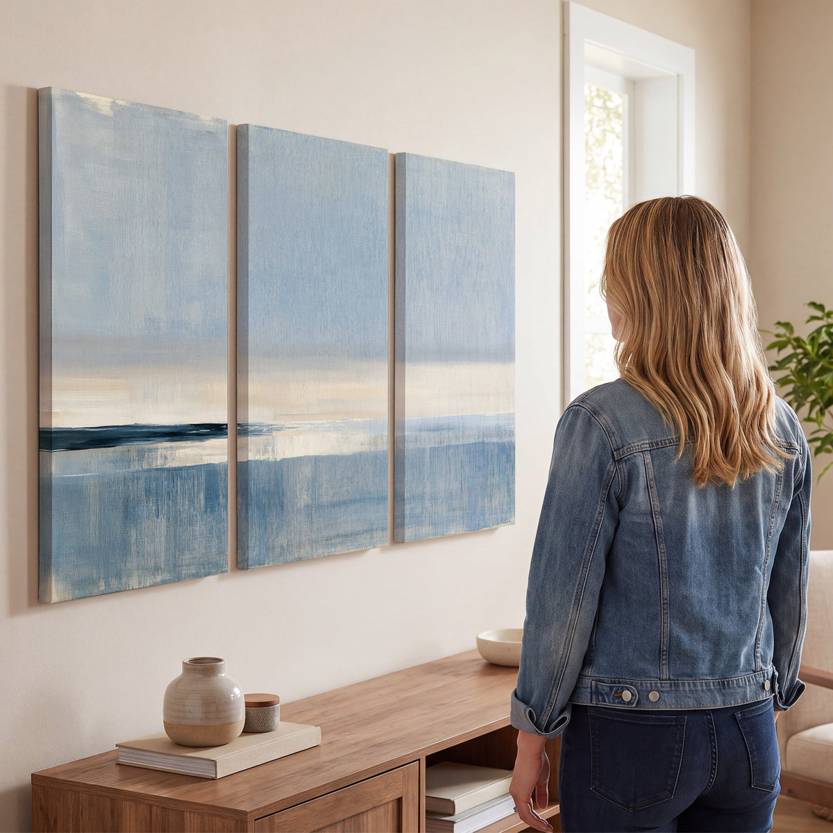 A minimal blue seascape with a pale horizon and soft vertical reflections 3 piece canvas wall art three panel arrangement on a wall